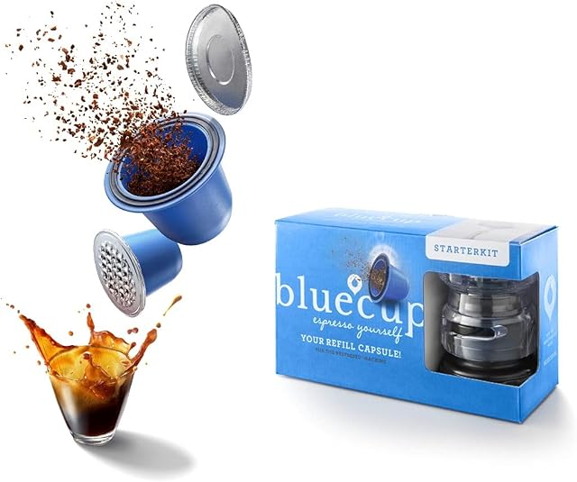 BLUECUP Reusable Capsules Nespresso, Refillable Pods Compatible with Nespresso Machines (Original line), Durable, Starter Pack [2 Reusable Capsules + 100 lids + 1 pod Sealer + 1 Spoon]