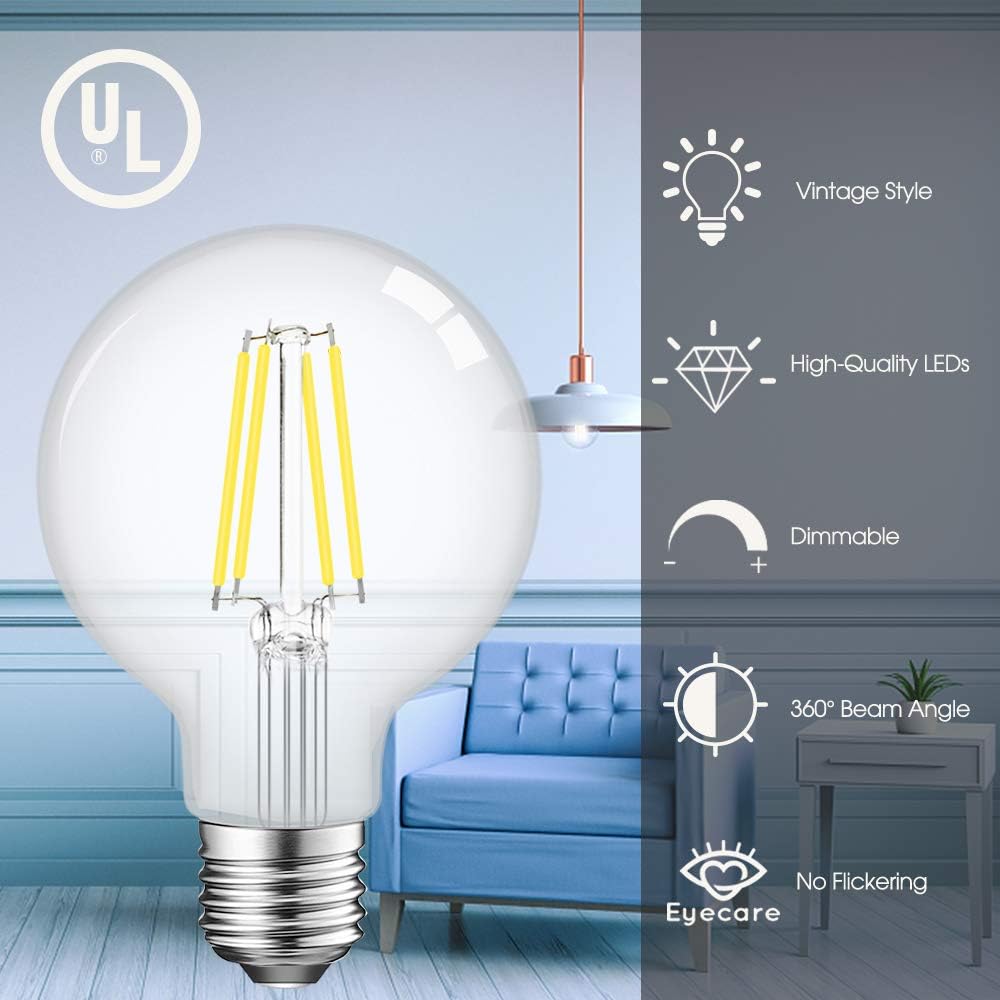 ENERGETIC SMARTER LIGHTING 12-Pack LED G25 Dimmable Globe Vanity Light Bulb, 60 Watt Equivalent Clear Edison Filament Bulb, 5000K Daylight, 500 Lumens, E26 Medium Screw Base CRI85+, UL Listed…