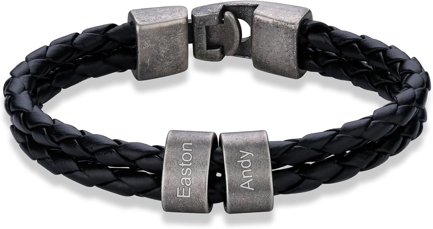LucySky Personalized Leather Bracelet with 1-5 Names, Personalized Men Braid Leather Bracelet with Custom Beads Gifts for Men Dad Him Husband