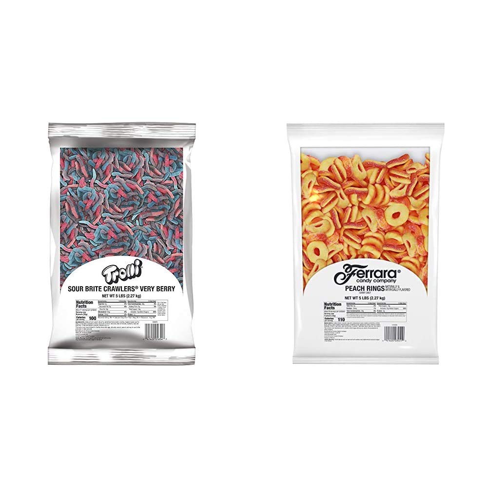 Trolli Sour Brite Crawlers Very Berry and Peachie O's Sour Gummy Rings Candy | 10 Pounds Bulk Bags