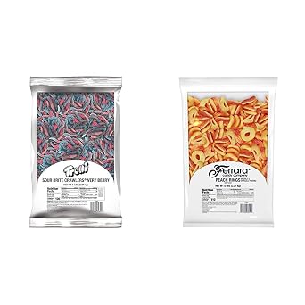 Trolli Sour Brite Crawlers Very Berry and Peachie Os Sour Gummy Rings Candy | 10 Pounds Bulk Bags