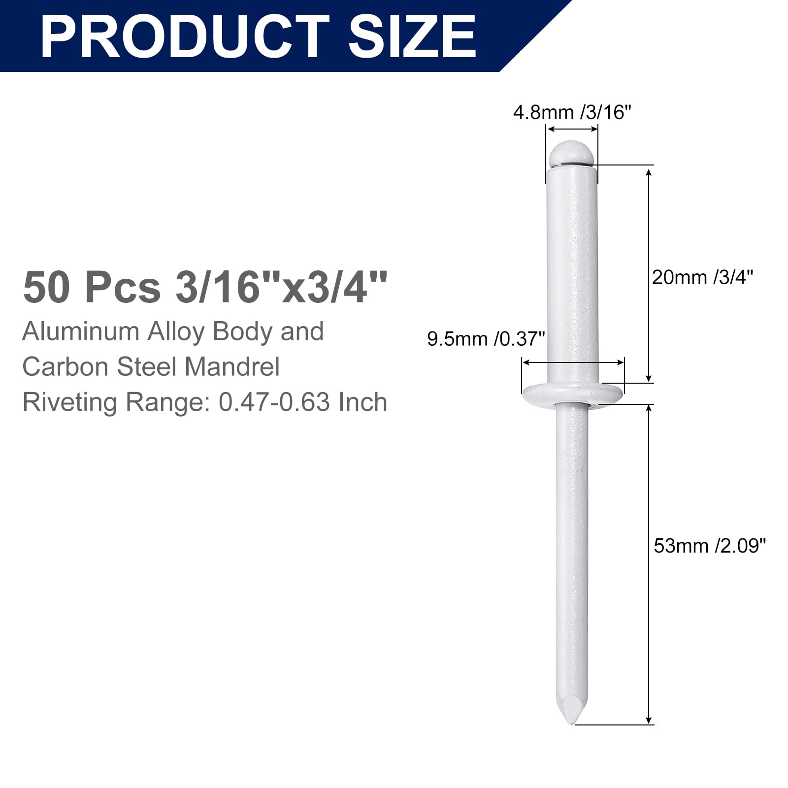 QUARKZMAN 50Pcs 3/16"x3/4" Remaches Ciegos Aluminio, Sujeción Aluminio Y Vástago Acero, Remaches Cabeza Abovedada Y División Larga Para Metal, Muebles, Automoción, Blanco