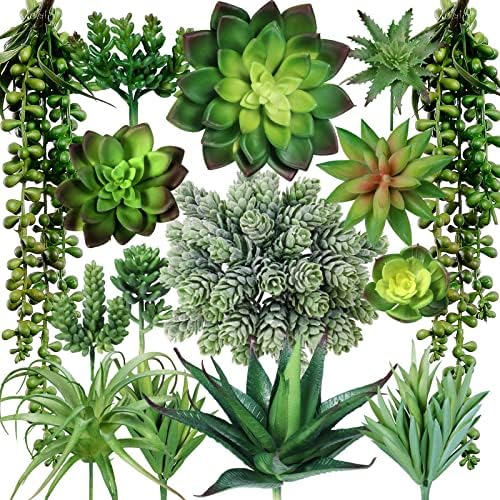 Winlyn 15 Pcs Artificial Succulents Unpotted Bulk Small Faux Succulent Plants Hanging Succulents Hops Aloe for Succulent Garden Wreath Floral Arrangement Indoor Outdoor Green Decor