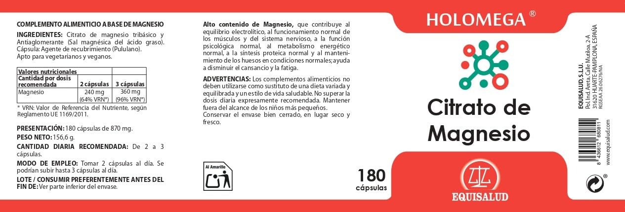 Holomega Citrato de Magnesio – 180 Cápsulas | Magnesio de Alta Absorción | Energía, Cansancio y Función Muscular | Sistema Nervioso y Equilibrio Electrolítico | Equisalud