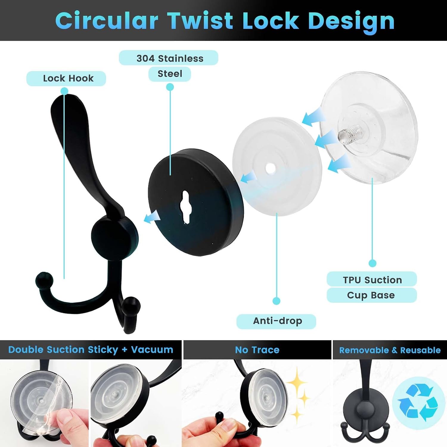 Daily Treasures 2Pcs Suction Cup Hooks for Shower with Three Hook,Stainless Steel Matte Black Bathroom Hooks Suction,11 Lb Modern Wash Cloth Holders for Shower Wall Mounted Suction Cup Hooks