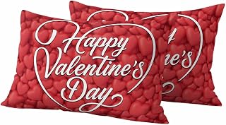 Happy Valentine's Day Outdoor Pillow Covers Set of 2,Decorative Waterproof Throw Pillow Case,Romantic Chic Love Hearts Cotton Linen Soft Cozy Cushion Pillowcases