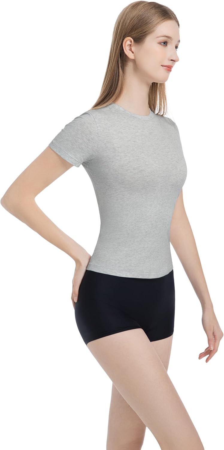 Women’s Slim Fitted Crew Neck T-Shirt Stretchy Cotton Y2K Short Sleeve Tees for Workout Basic Tees Going Out Tops - Image 2