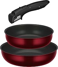 Thermos Durable Series KSD-3A DR Frying Pan with Handle Removable, 3-Piece Set, DA Induction, Gas Compatible, Deep Red