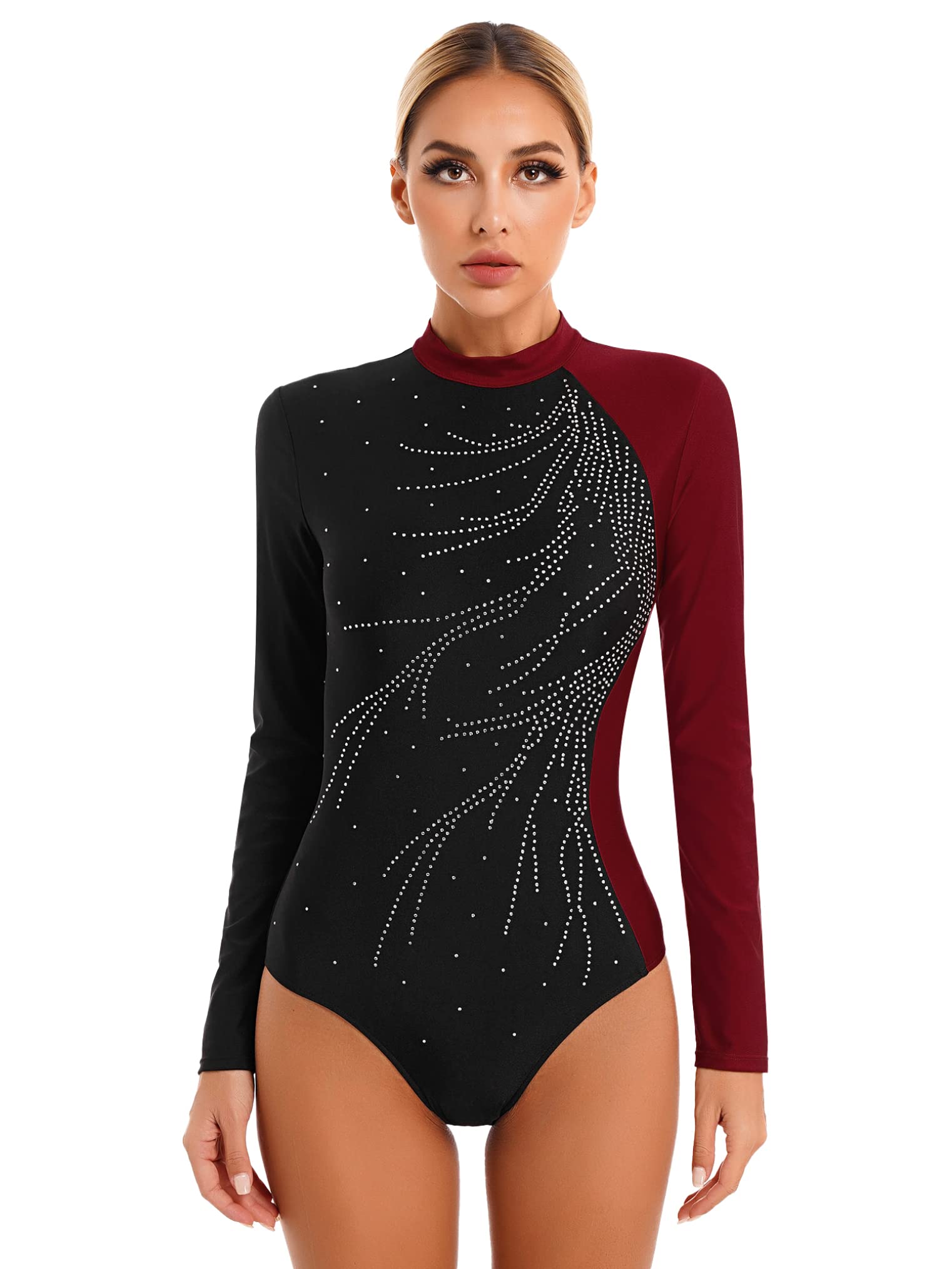 FreebilyWomen's Long Sleeve Gymnastics Leotard Sparkle Rhinestone Dance Workout Bodysuit Ballet Skating Dancewear