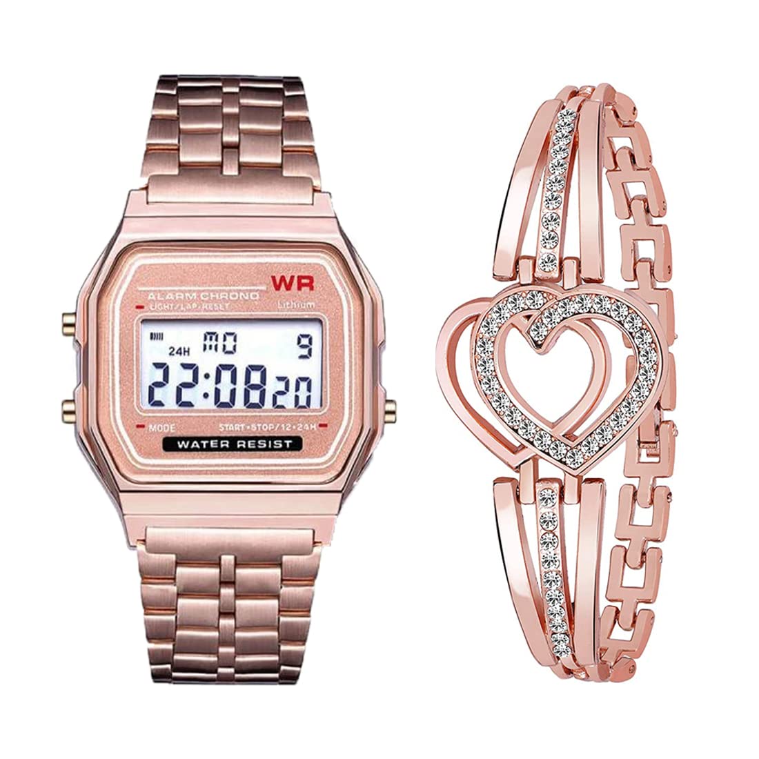 Goldenize Fashion Fashinable Unisex Digital Square Grey Dial Multi Colour Vintage Series Stainless Steel Belt Wrist Watch for Girls and Womens with Free Bracelet -Pack of 2 (Rose gold) (B0C28MG6RS) Amazon Price History, Amazon Price Tracker