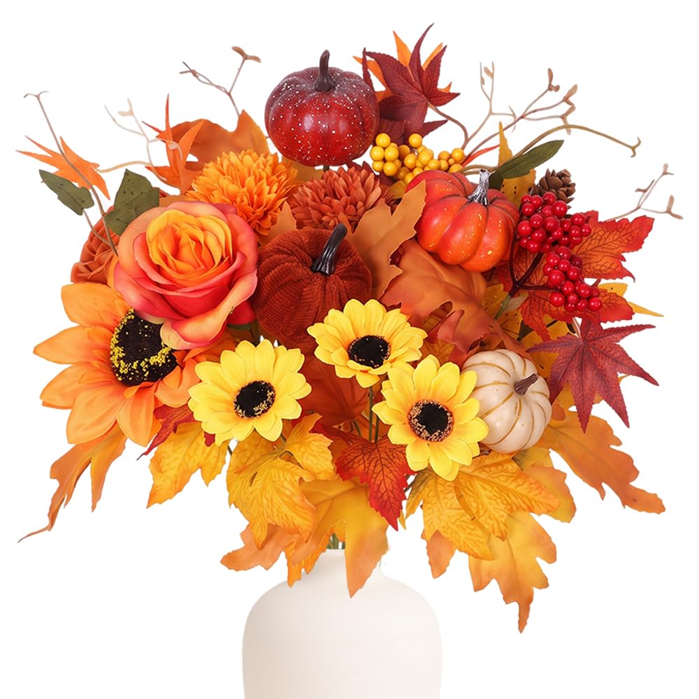 Foreverup 2Pcs Autumn Artificial Flowers, Fall Floral Picks, Artificial Fall Floral Stems with Maple Leave, Pumpkin, Branch Sunflower ＆ Berry for Falls Thanksgiving Home Holiday Festival Decoration