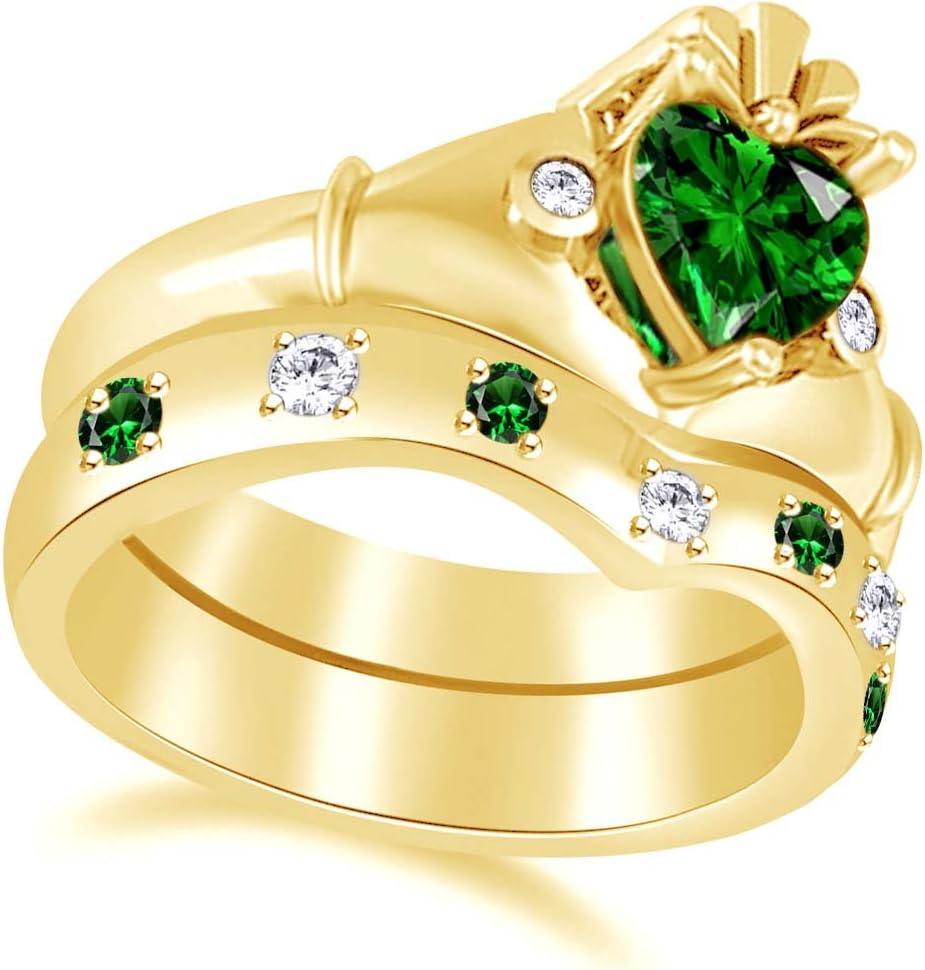 AFFY Heart Cut Simulated Emerald & White Cubic Zirconia Claddagh Wedding Ring Set in925 Sterling Silver