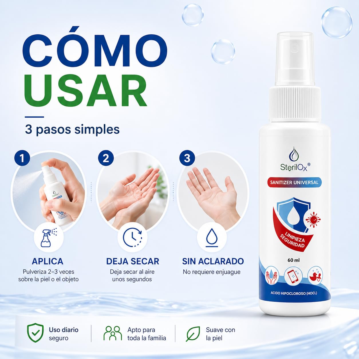 Spray 3 x 60 ml – Solución Cosmética con Ácido Hipocloroso | Para Manos, Juguetes, Utensilios y Objetos | Seguro para Niños y Mascotas – Sin Alcohol ni Perfume