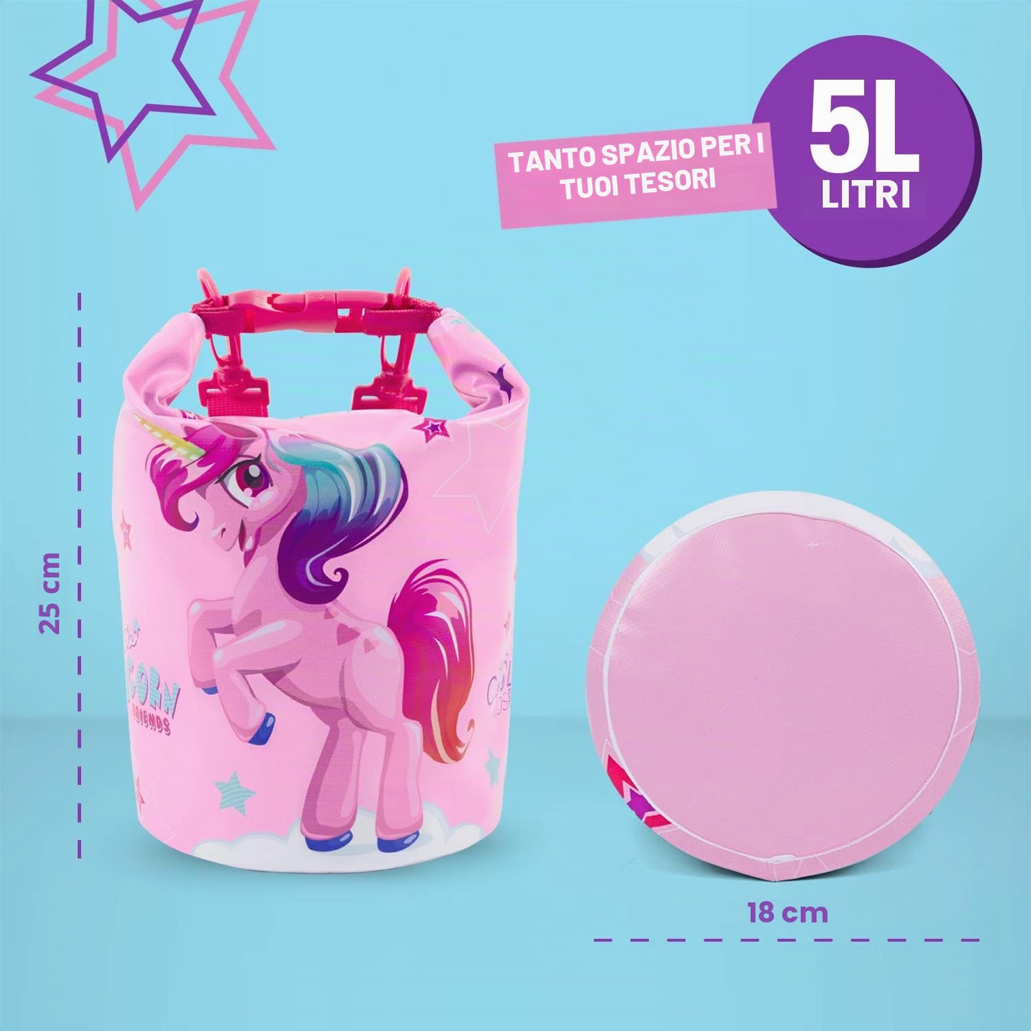 Sacca Impermeabile Mare da Bambina con Sirena Unicorno - Borsa Mare Spiaggia Rosa e Fucsia da Bimba - Zaino Kayak Nuoto Barca Snorkeling - Dry Bag Regolabile per Bambine - 25x18x18 cm