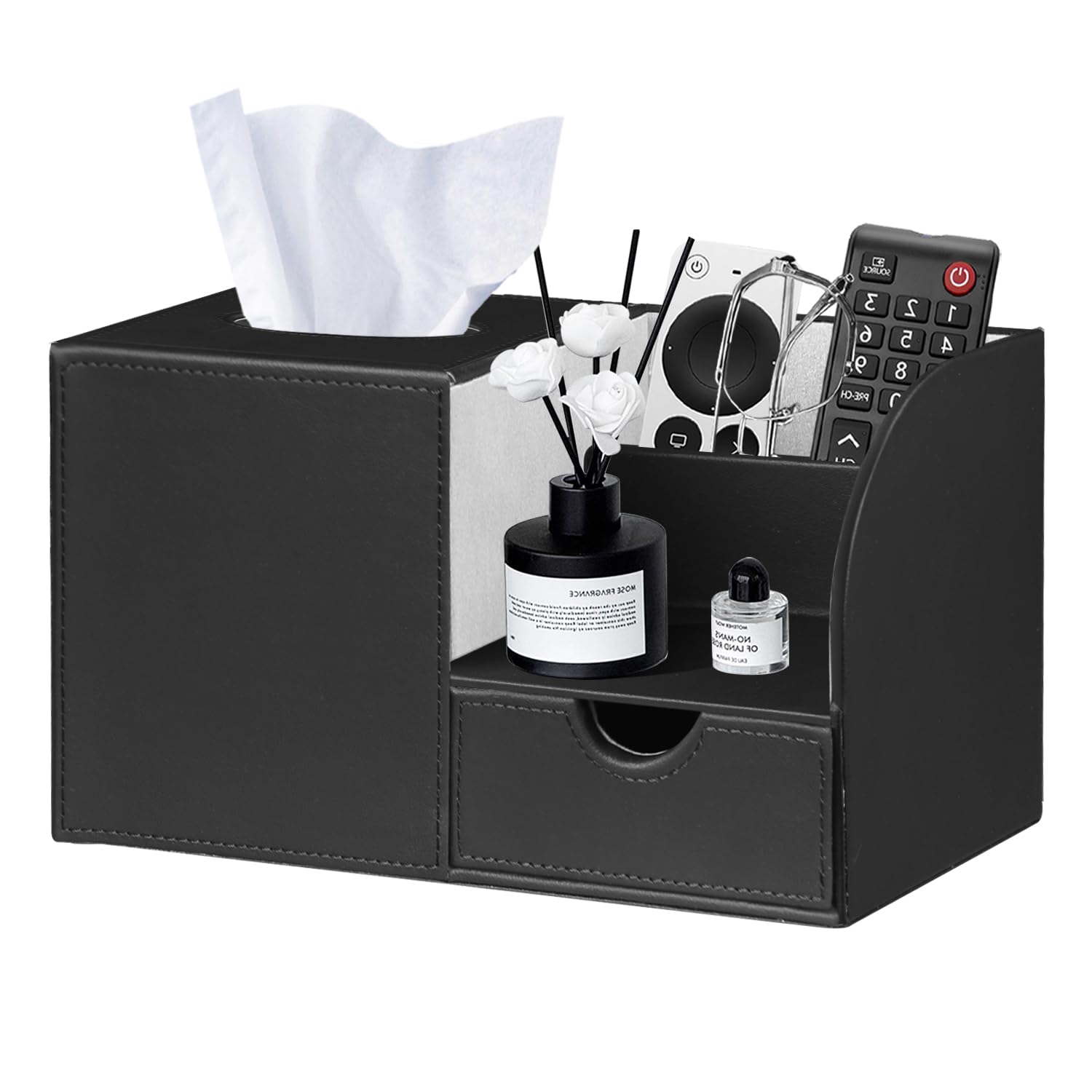 Leather Nightstand Organizer with Tissue Holder,Square Tissue Box Cover with Organizer, Decorative Modern Facial Paper Storage Box for Bathroom Living