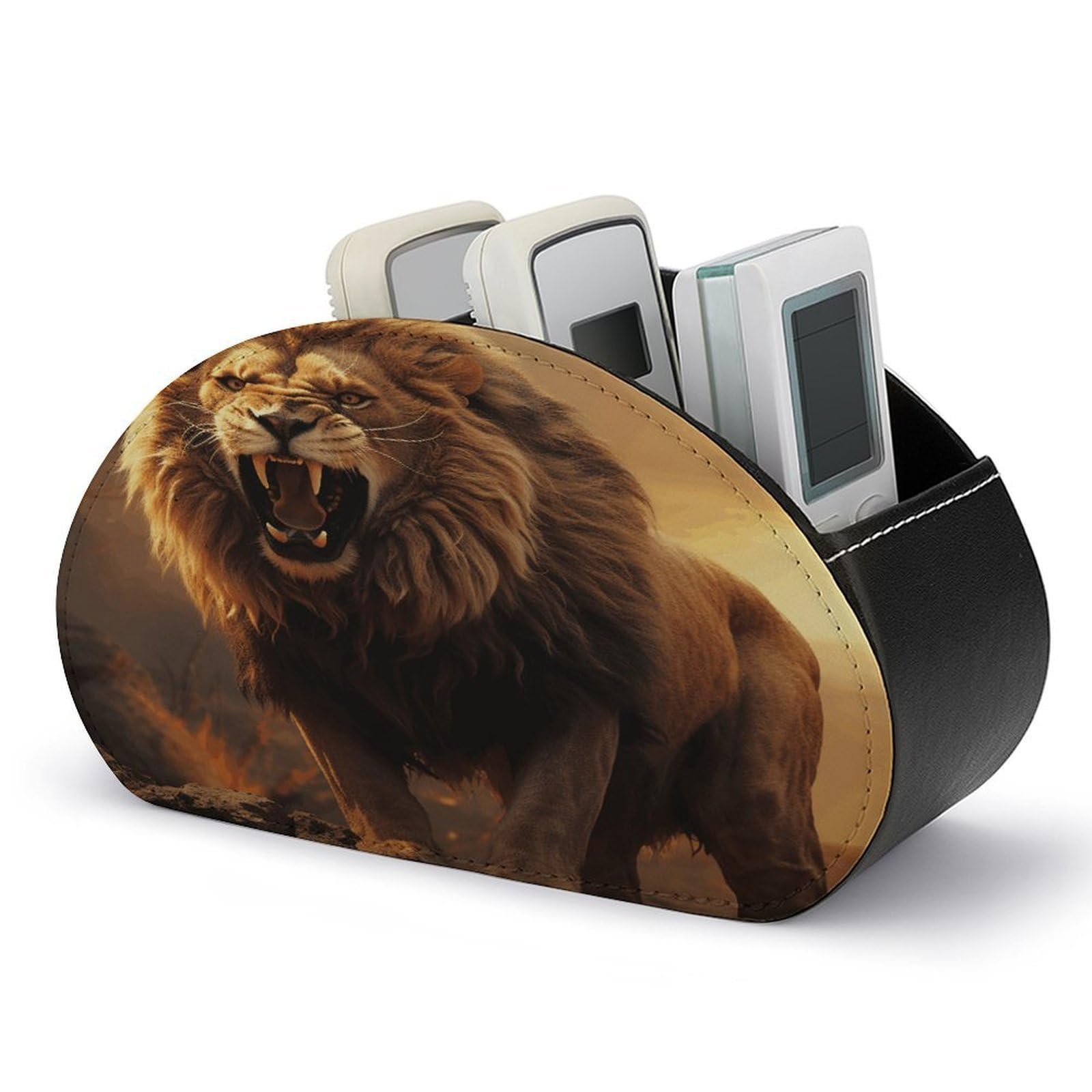VstaDank Angry Roaring Lion Remote Control Holder Farmhouse TV Media Remote Storage Box with 5 Compartments PU Leather Remote Caddy Desktop Organizer for Home Bedside Table Organizer