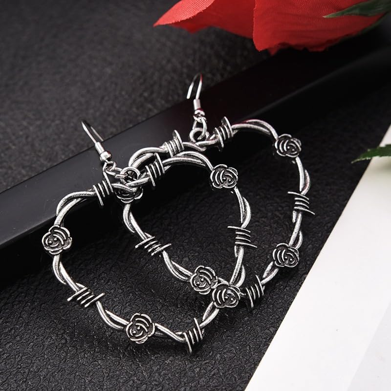Gothic Barbed Wire Love Heart Drop Dangle Earrings Chunky Big Flower Hoop Metal Thorns for Women Girls Goth Punk Large Hip Hop Party Jewelry4