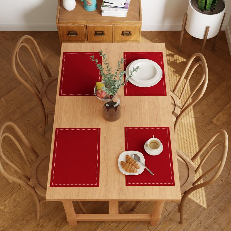 Image of Encasa XO Table Mats Set of 4 | Pure Cotton Hemstitched Design | Red | Rectangular Size 48x32 cm - Dining Placemat | Machine Washable