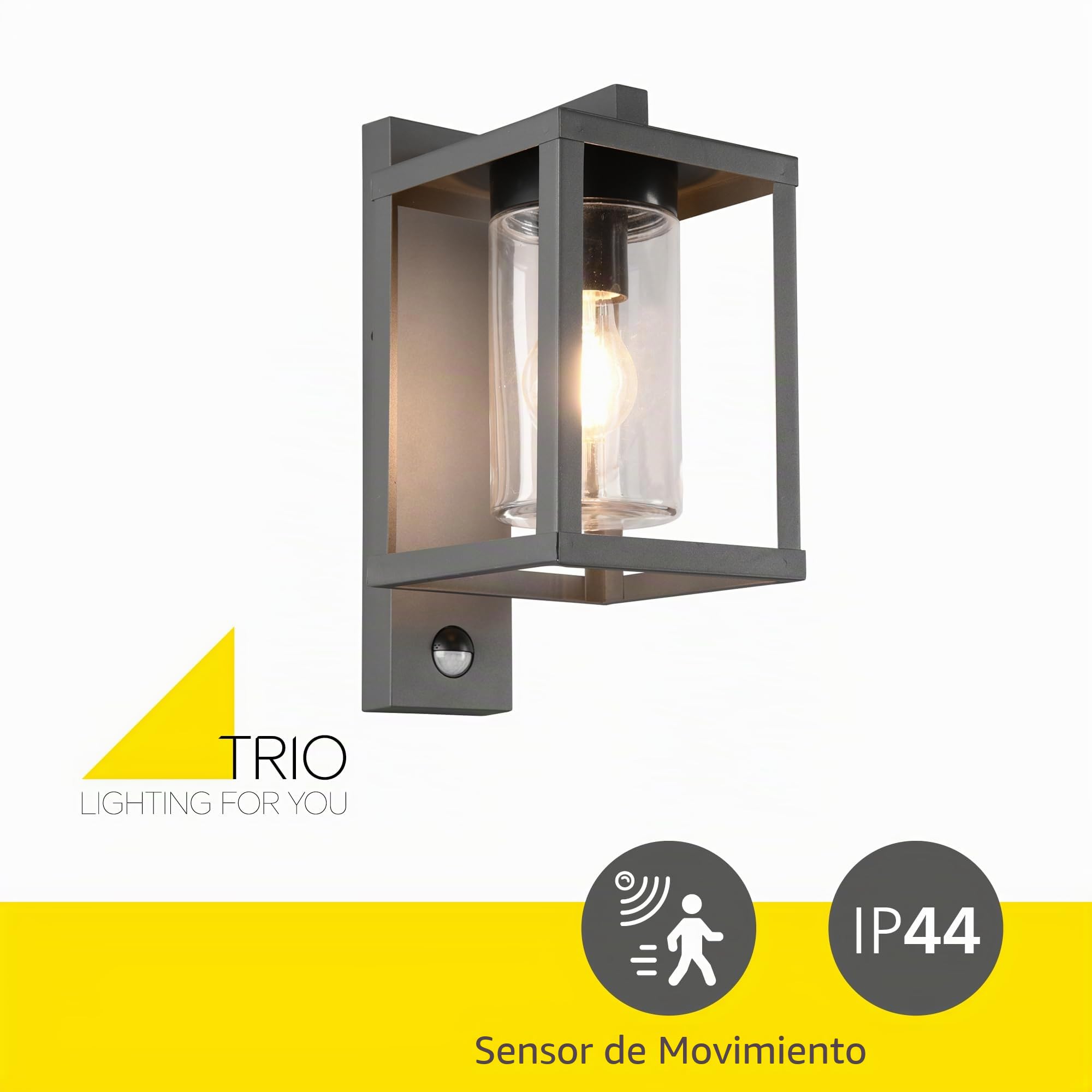 Trio, Aplique, Lunga 1xE27, max.40,0 W Cristal, Transparente claro, Cuerpo: Aluminio fundido, Antracita A:16,0cm, A:33,5cm, P:22,0cm Sensor de movimiento,IP44,Sin bombilla