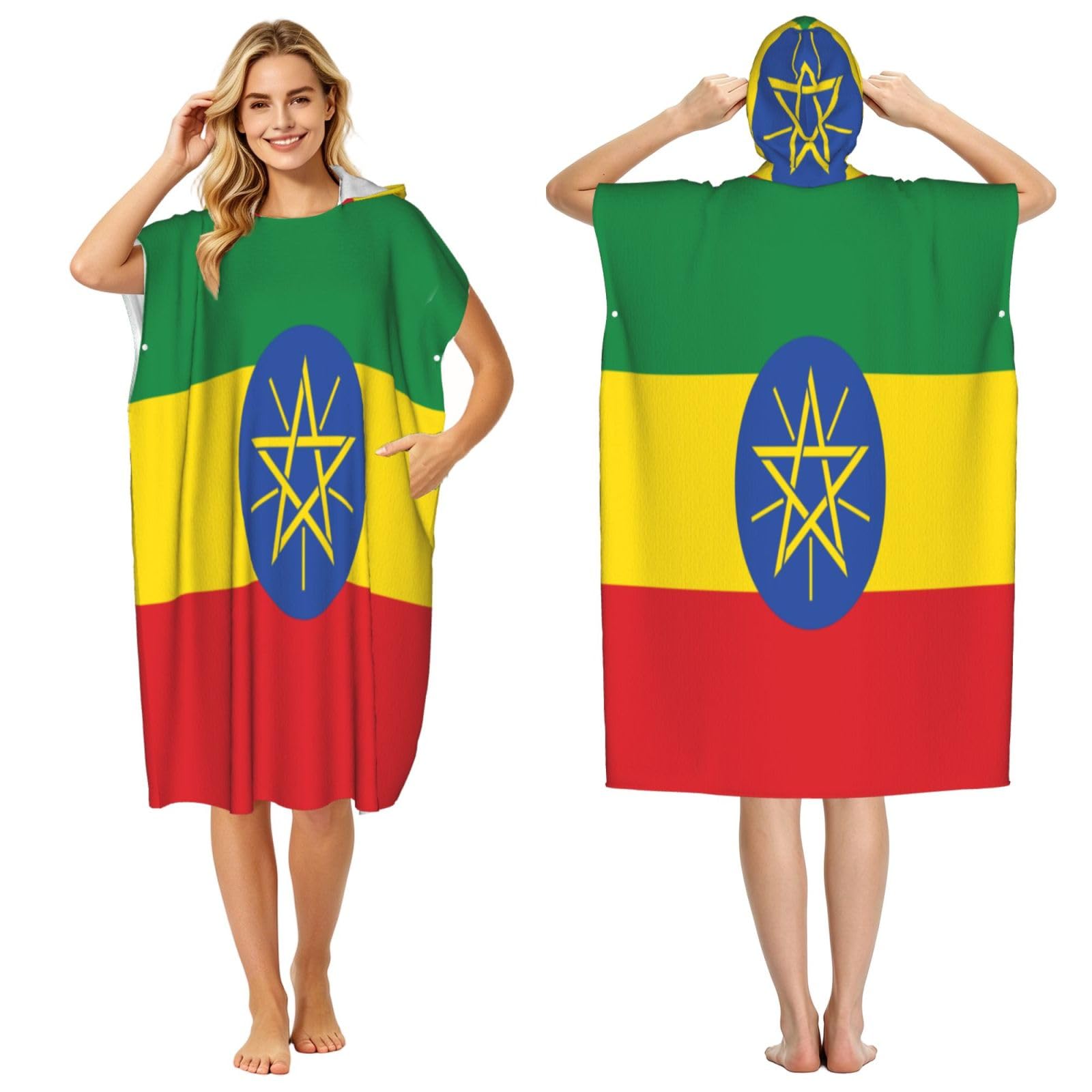 KLGRTJHK Flag Of Ethiopia Adult Hooded Beach Poncho Towel 43"X35"