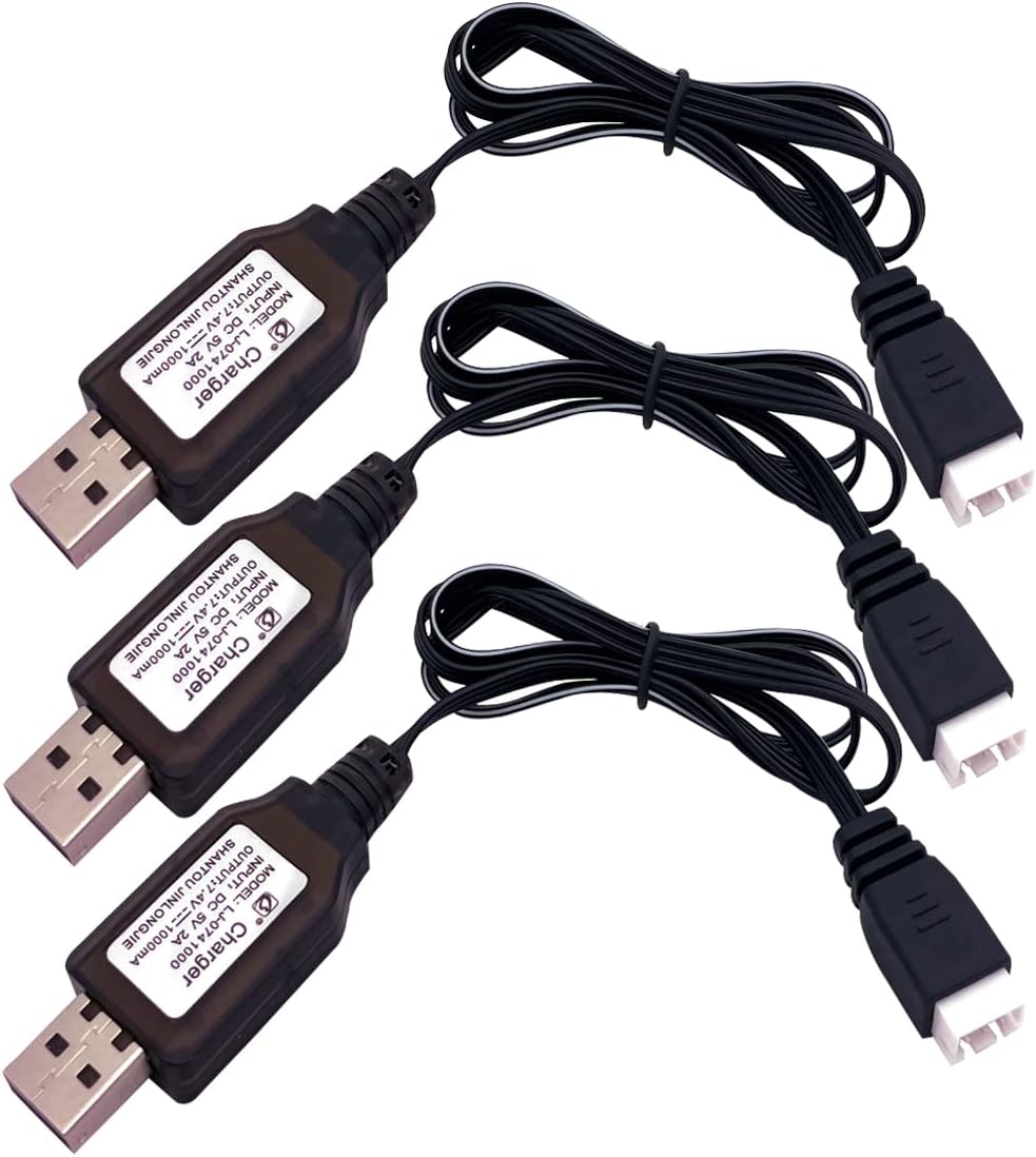 3Packs 7.4V 2S LiPo Battery USB Charger Cable 1A Fast Charging with XH-3P Connector for RC Car Truck Rock Crawler FPV Drone Airplane Boat Racing Quadcopter Helicopter Airsoft SCX24