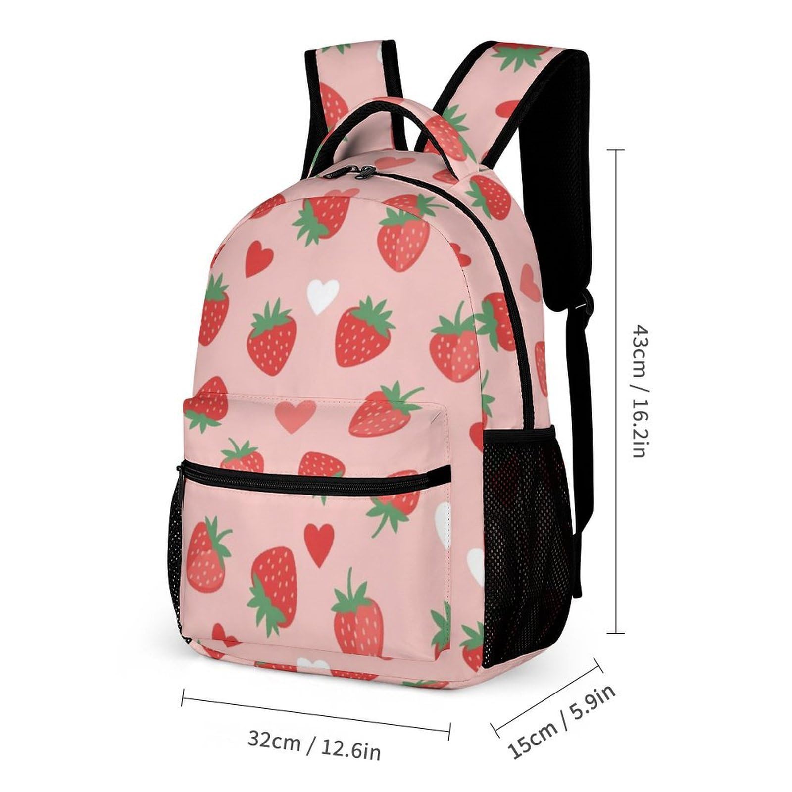 Sac à dos avec boîte à lunch, sac de rangement, ensemble cartable fraise et cosmétiques