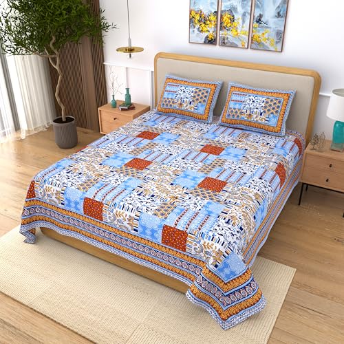 Image of India 100% Pure Cotton Jaipuri Printed Double Bedsheet with 2 Pillow Covers | Traditional Sanganeri Floral Design | Soft Breathable Fabric | King Size Bedsheet for Bedroom (Kaya34)