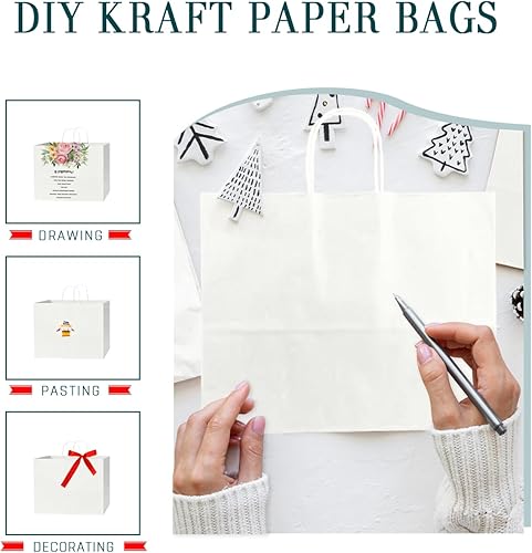 Miniatura 2 de Bakepacker Paquete de 60 bolsas de papel anchas de gran tamaño con asas a granel de 12.6 x 4.3 x 10 pulgadas, bolsas de compras blancas para fiestas