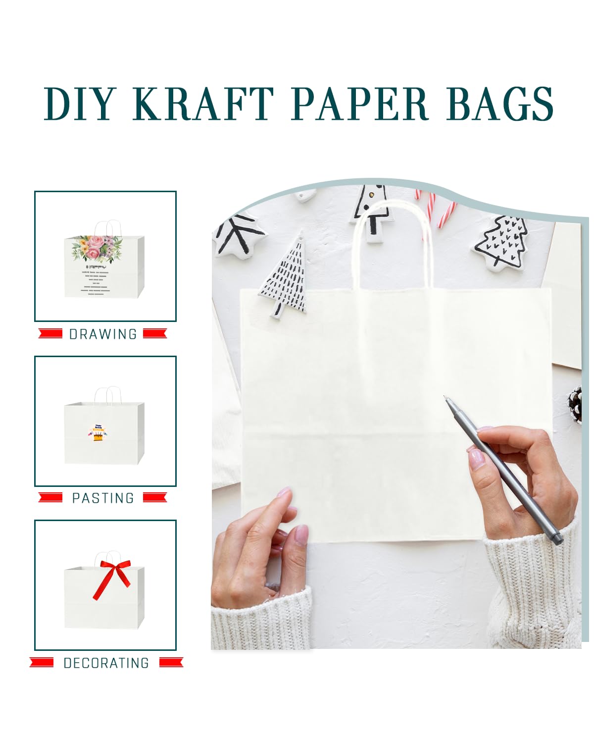 Bakepacker 60 sztuk szerokich dużych papierowych torebek z uchwytami, luzem, 32 x 10,9 x 25 cm, białe torby na zakupy na imprezę