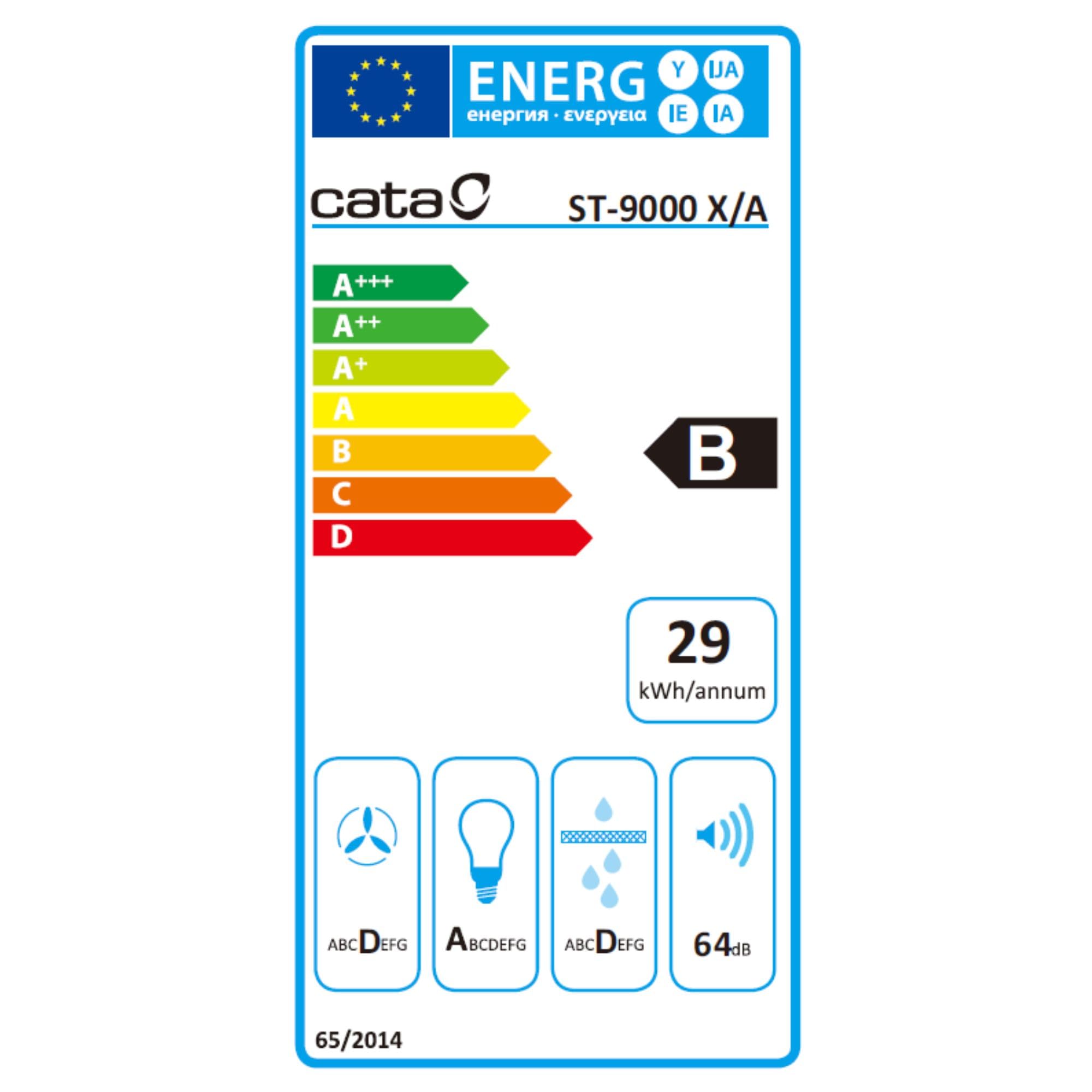 Cata Campana Decorativa Pared ST-9000 X/A con Panel de Control Mecánico 3 Niveles de Extracción Iluminación LED Consumo Máximo de Energía 65 W Ancho 89,5 cm Fácil Instalación Color Acero Inoxidable
