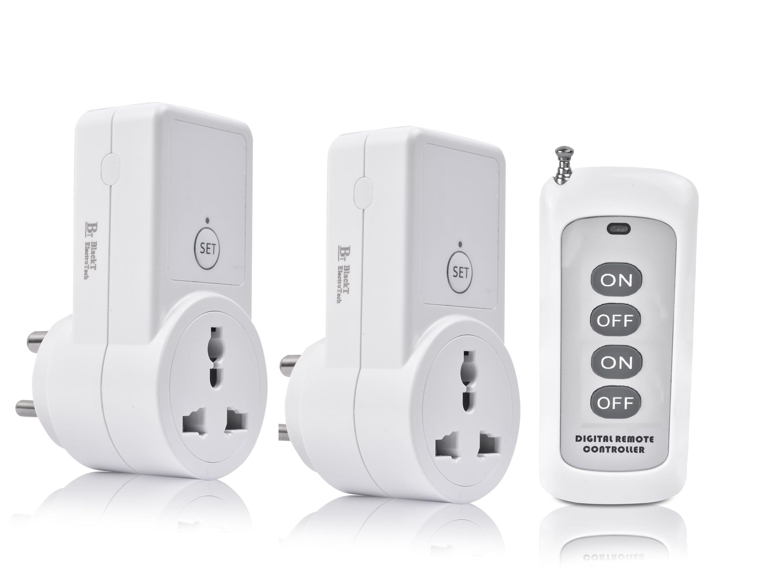 Blackt Electrotech BT16H | 3-Pin Wireless RF Remote Control Power Outlet Switch Socket | 230V 10A Plug with 1 Remote | 100m Range | for Light, Fan, TV & Appliances (2 Socket + 1 Remote)