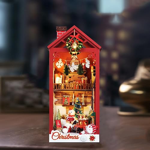 Miniatura 2 de Soporte para libros de Navidad con cubierta antipolvo, rompecabezas 3D, kit de modelo de casa de muñecas en miniatura, kit de construcción de madera