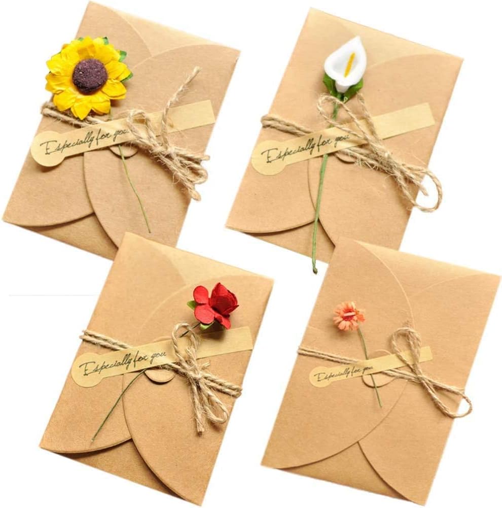 4 Pack Flower Pattern Thank You Card Handmade Invitation Greeting Card Wish Card for Wedding Birthday Festival
