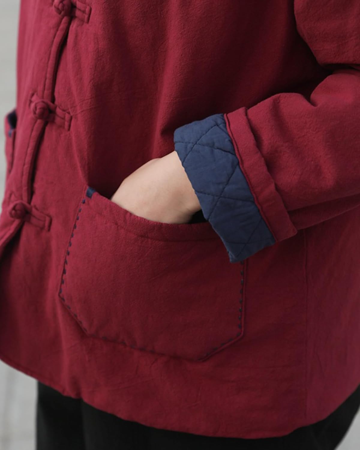 LUZU JUNU Women's Quilted Lightweight Jacket Coat Chinese Tang Suit Style Cotton Linen Short Coats with Pockets