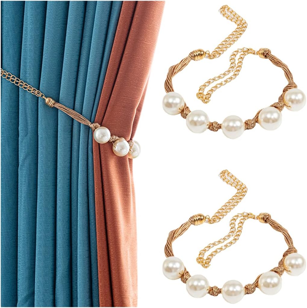 2 Pcs Acrylic Pearls Curtain Tiebacks Elegant Metal Chain