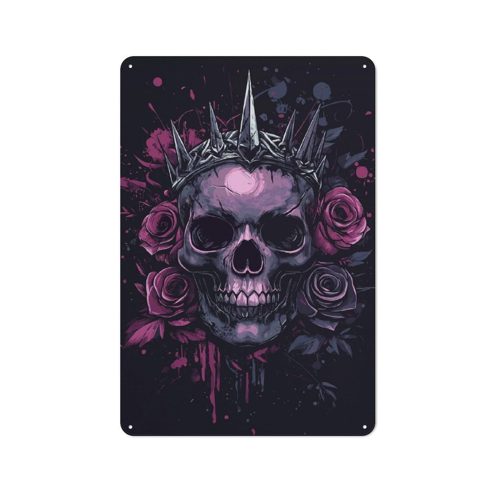 Metal Sign 30x20cm with Purple Skull with Crown And Roses for Workshop Wall, Vintage Decor, A Decorative Christmas Gift for Metal Sign Collectors
