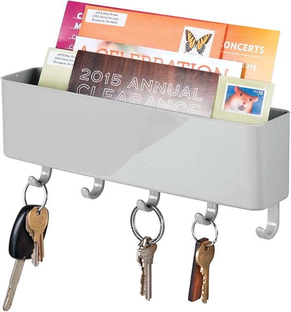 mDesign Key Organiser with Plastic Shelf - Modern Letter Tray with Key Board - Wall Mount Key Holder for The Hallway and Kitchen - Grey