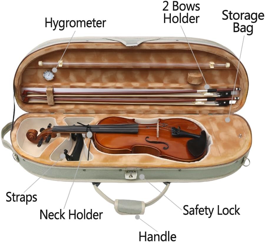Vetimobato Violin Case 4/4 Full Size–Super Lightweight (1.74 kg) Wooden Hard Shell Case with 600D Nylon Raincoat,Plush Interior,2 Bow Holders,Hygrometer–Portable Travel Backpack for Violins(Green)