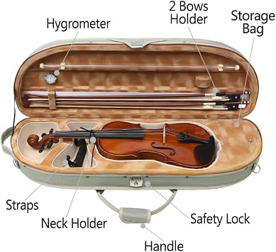 Vetimobato Violin Case 4/4 Full SizeSuper Lightweight (1.74 kg) Wooden Hard Shell Case with 600D Nylon Raincoat,Plush Interior,2 Bow Holders,HygrometerPortable Travel Backpack for Violins(Green)