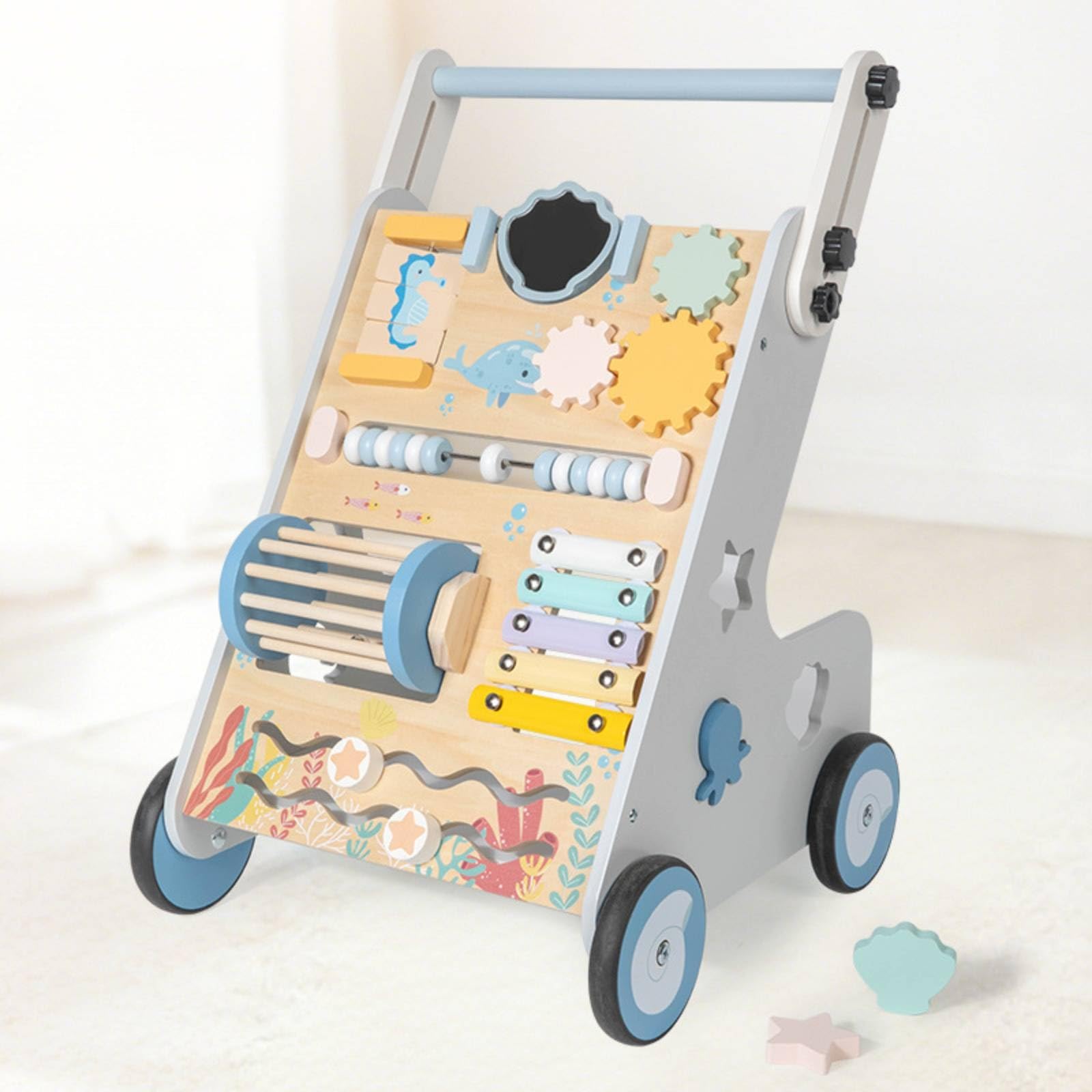 Carrello Iniziare a Camminare con Attività Robusto Deambulatore in Legno Sicuro in Legno per Neonati