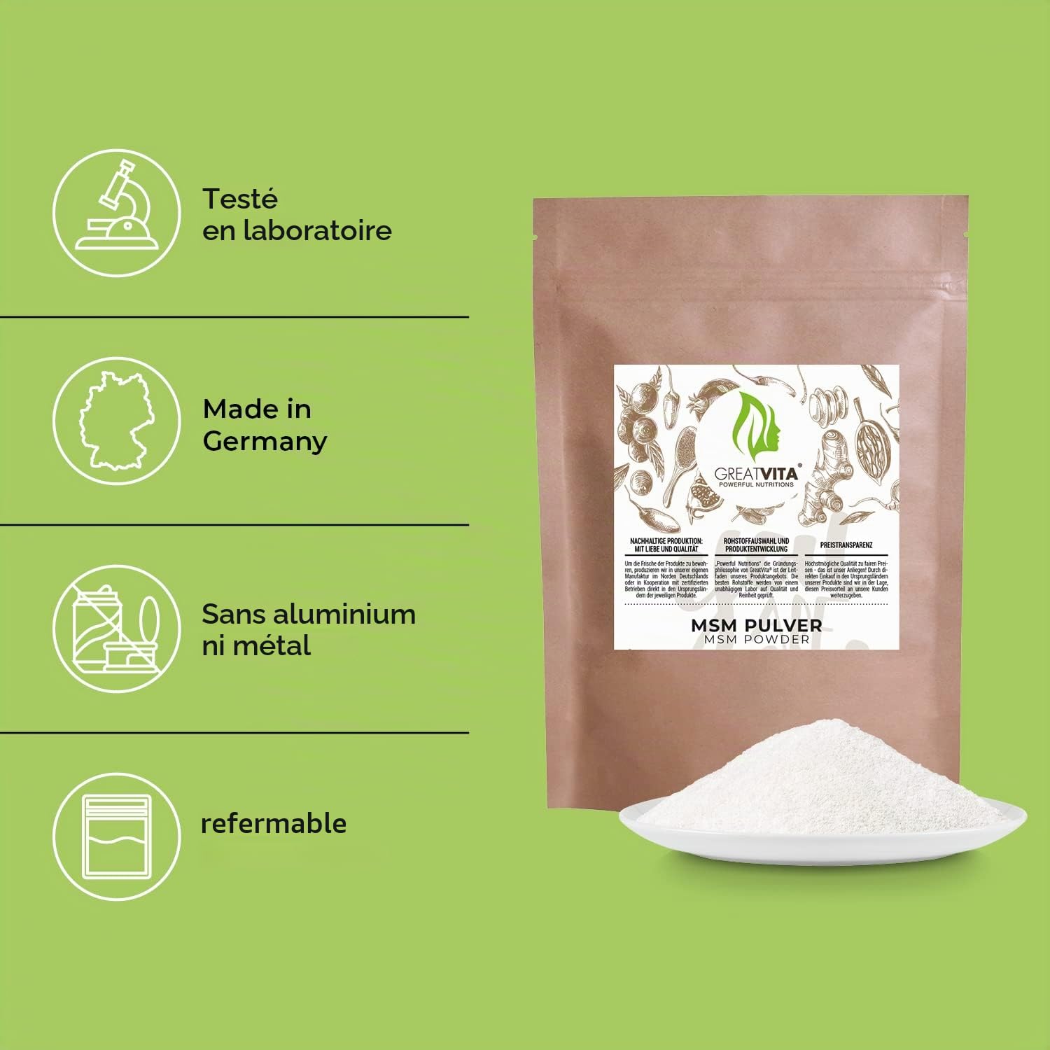 Poudre MSM 2 x 1000 g | 99,9 % pure méthylsulfonylméthane, soufre organique sans additifs | sans OGM, sans arômes artificiels ni gluten | Idéal pour les aliments et boissons froids