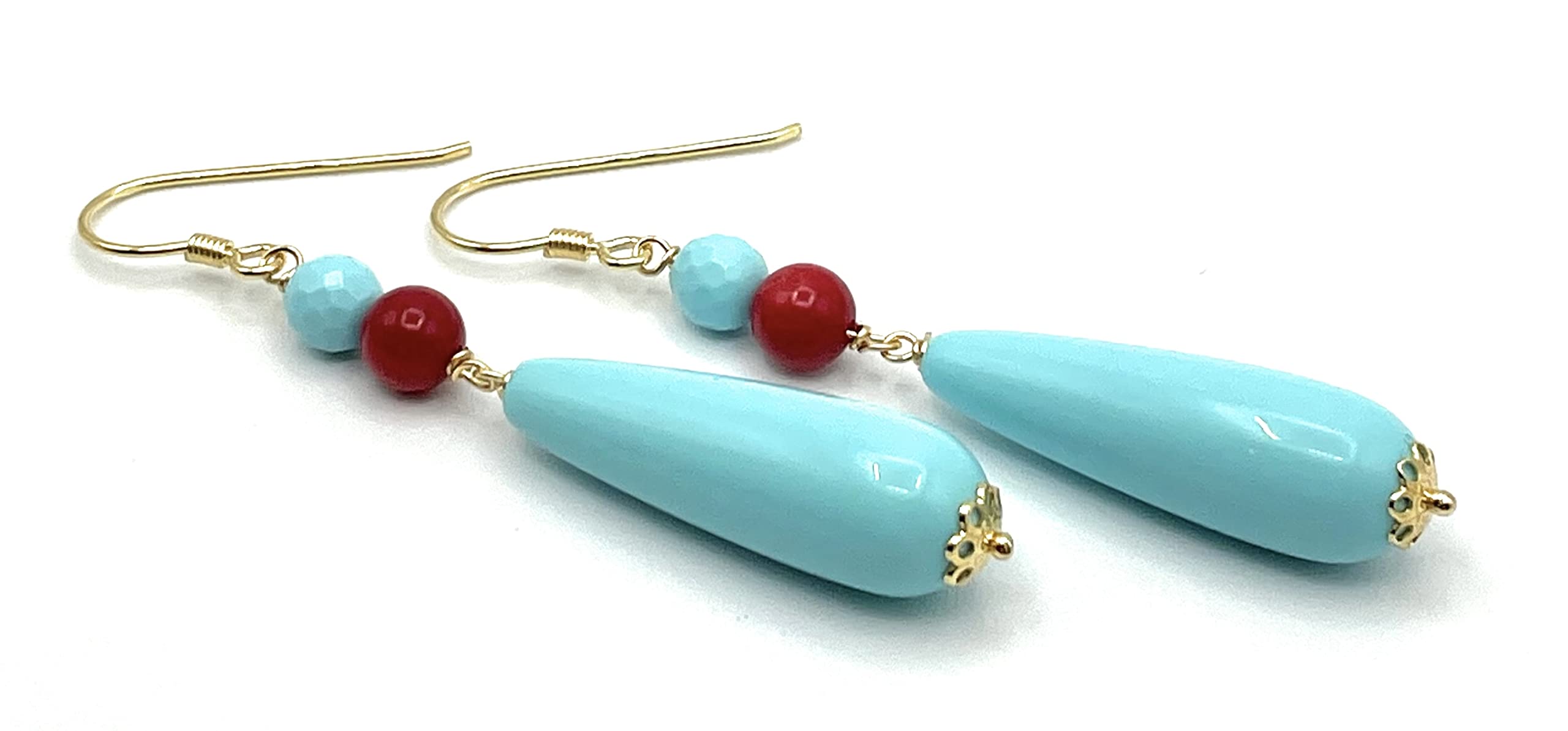 Orecchini con Gocce Turchesi e Corallo Rosso, Pendenti in Argento 925 Dorato 24 K Made in Italy, Gioielli Classici, Regalo per Lei