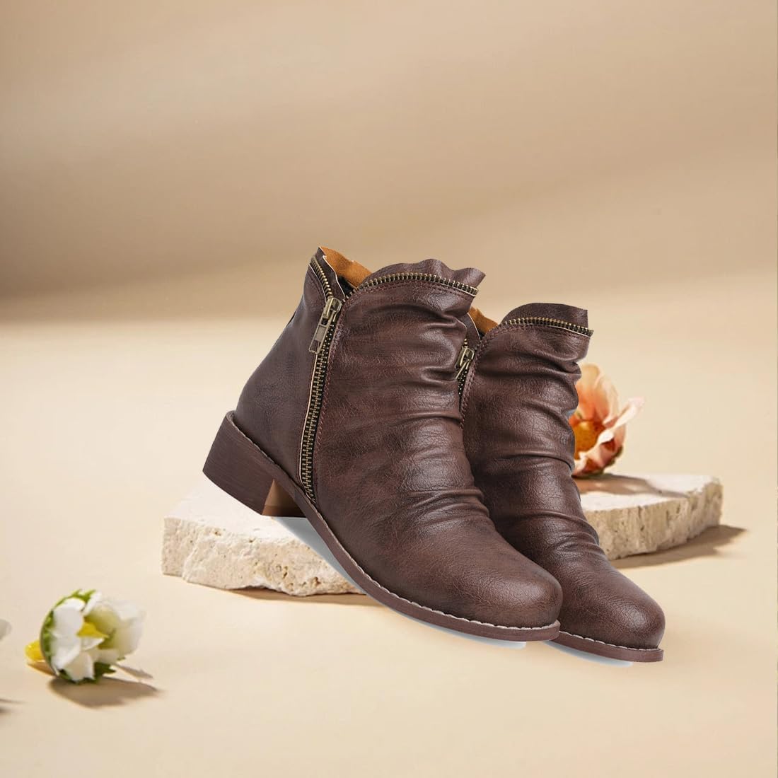 Women's Casual Short Ankle Boots - Trendy Classic Footwear for Women Side Zipper Vintage Leather Damping Shoes Comfortable Walking Boots for Women