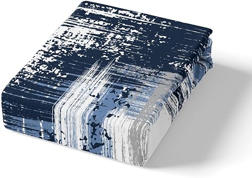 Miniatura 5 de Manfei Juego de sábanas abstractas tamaño matrimonial, juego de sábanas estilo grunge azul, negro y gris, 4 piezas con sábana bajera de bolsillo