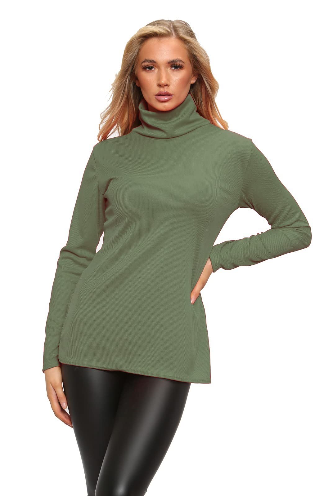 Womens Polo Turtle High Roll Neck Plain Ribbed Long Sleeve Ladies Stretch T-Shirt Top (20-22, Khaki)