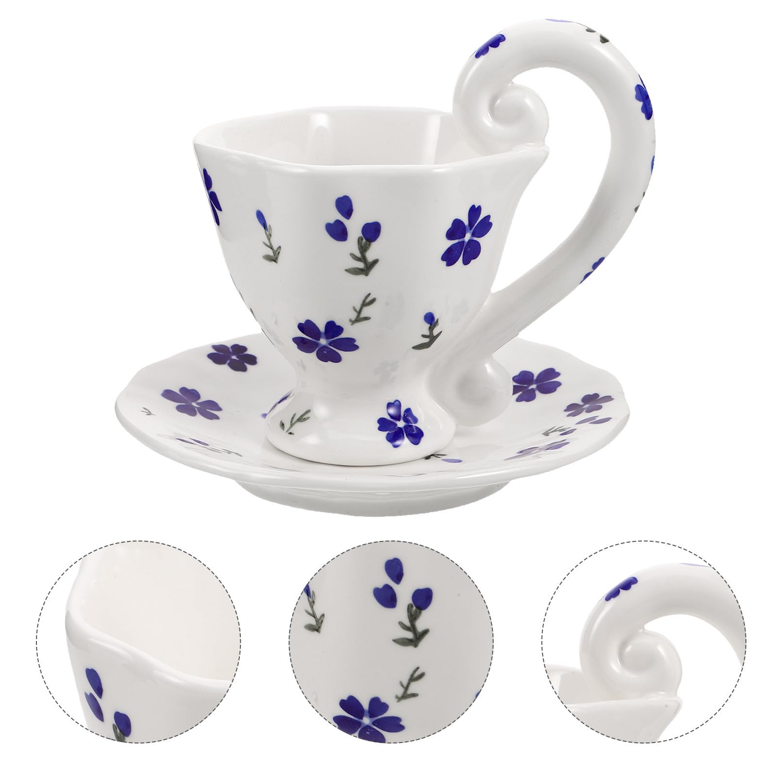 HEALLILY Juego de Taza de Café de Cerámica Azul con Diseño Floral Pintado a Mano, 6.7oz, Cómodo y Práctico para Desayuno en Casa u Oficina