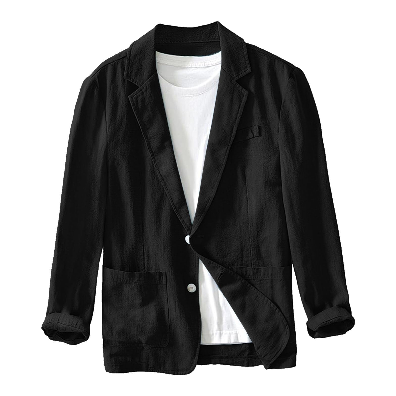 Blazer Hombre Verano Lino, Americana Hombre Casual Talla Grande Manga Larga Holgados Solapa Cazadora con Botones Color Sólido Moda Cómodo Blazer Lino Abrigo con Bolsillos para Uso Diario