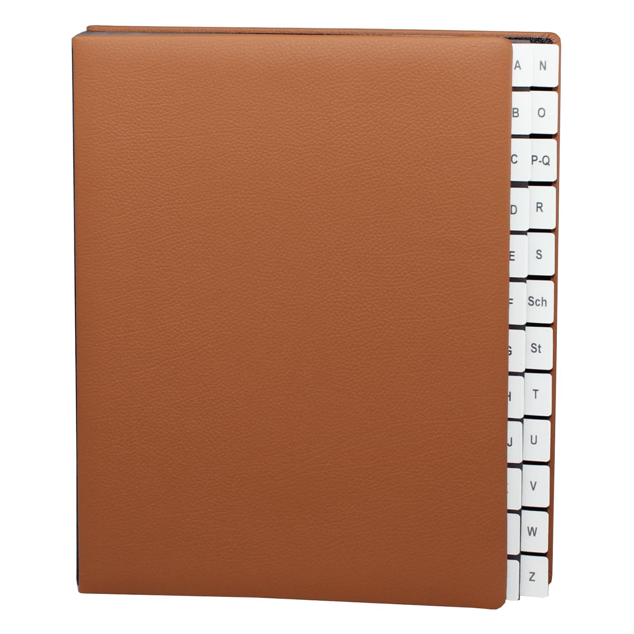 Raccoglitore con registro A-Z, in pelle bovina grana cognac, adatto per DIN A4, copertina morbida con dorso elastico, divisori in cartone nero con fori di visualizzazione