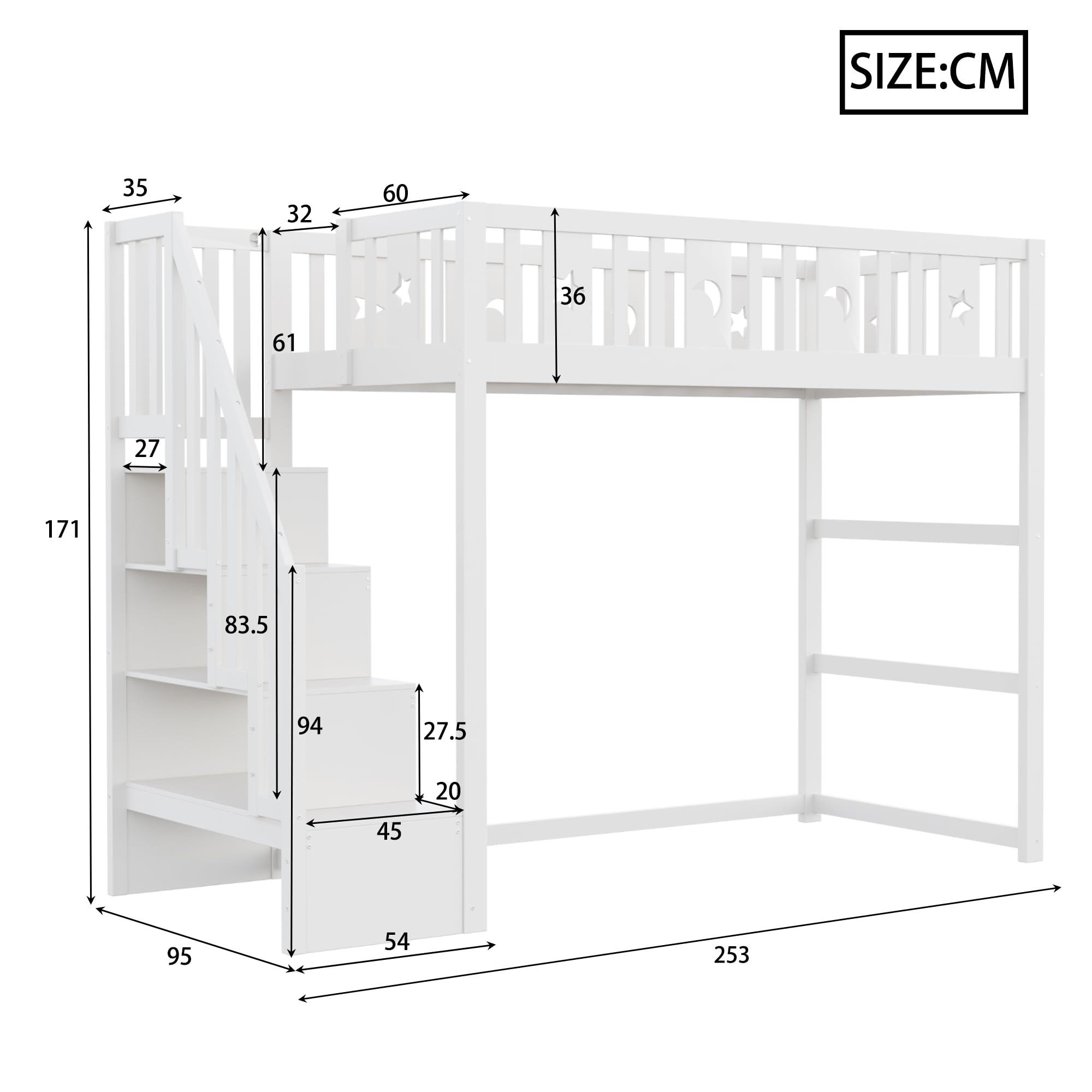 Etagenbett für Kinder mit Treppe,Hochbett aus Massivholz mit Sicherheitsgeländer, Stern- und Monddekoration (Weiß, 90 * 200)