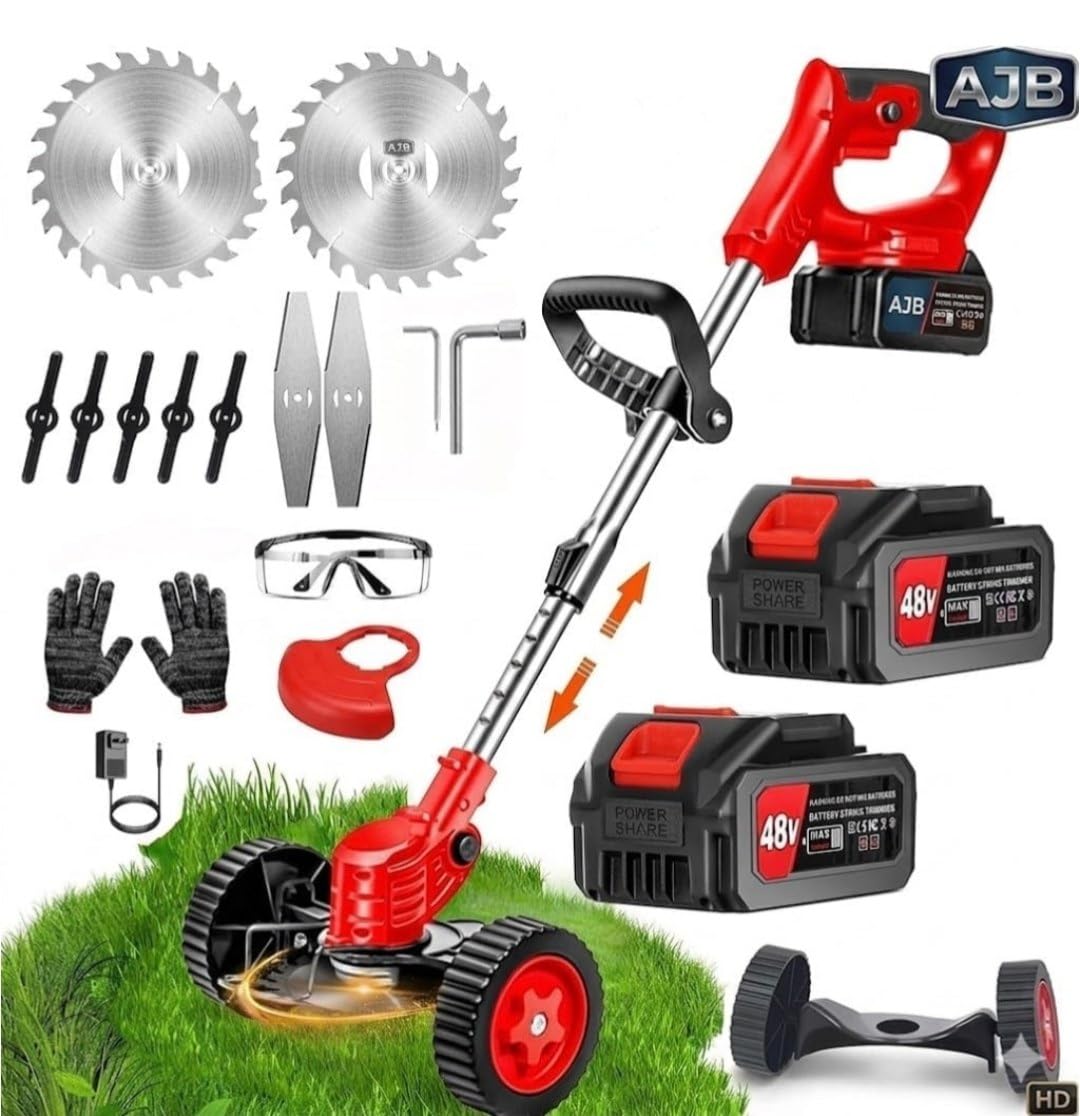 AJB 48V Cordless Electric Grass Trimmer with Wheels – Heavy Duty Wireless Lawn Mower, Weed Cutter, Edge Trimmer Machine Kit with 2 Saw Blades, Metal & Plastic Blades, Safety Glasses, Gloves & Charger-image-41